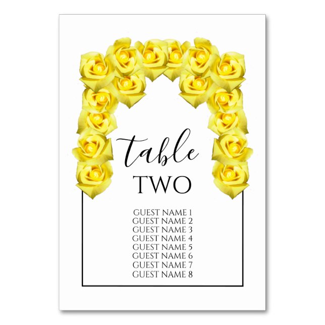 Yellow Roses Wedding Guest Names Table Number (Front)