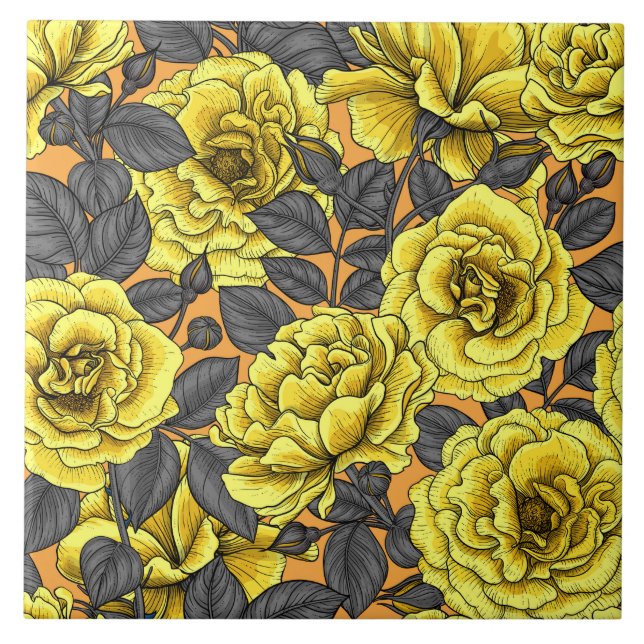 Yellow roses with grey leaves on orange ceramic tile (Front)