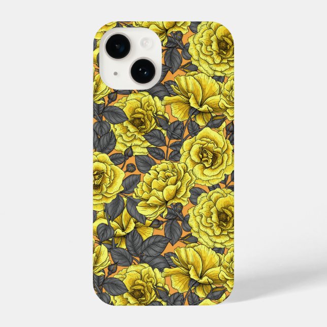 Yellow roses with grey leaves on orange iPhone case (Back)