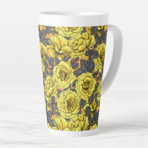 Yellow roses with grey leaves on orange latte mug
