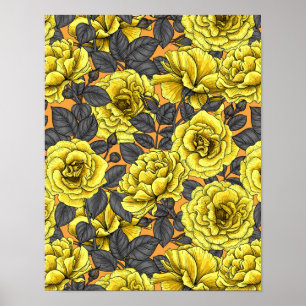 Yellow roses with grey leaves on orange poster