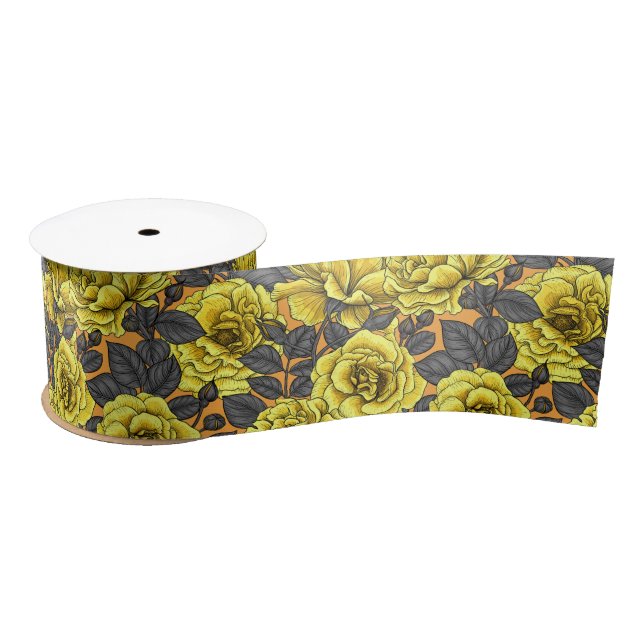 Yellow roses with grey leaves on orange satin ribbon (Spool)
