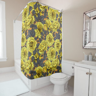 Yellow roses with grey leaves on orange shower curtain