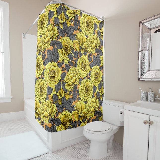 Yellow roses with grey leaves on orange shower curtain (In Situ)