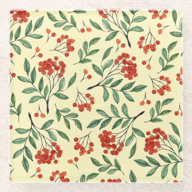 Yellow Rowan Watercolor Seamless Pattern Glass Coaster (Front)