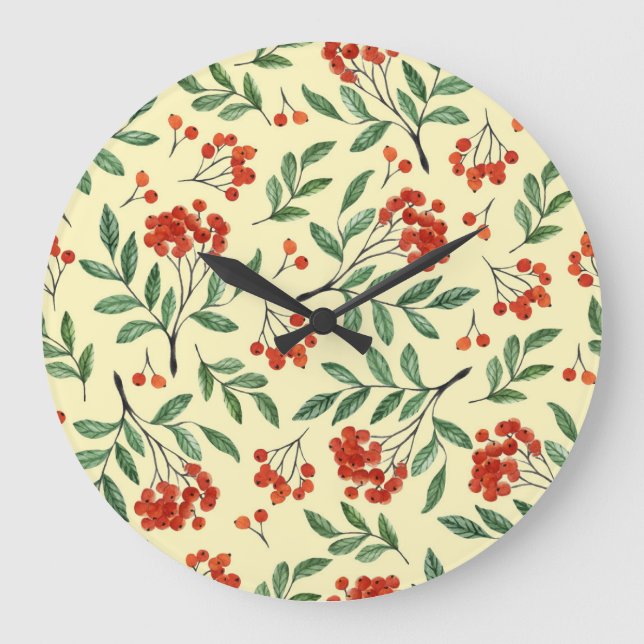 Yellow Rowan Watercolor Seamless Pattern Large Clock (Front)