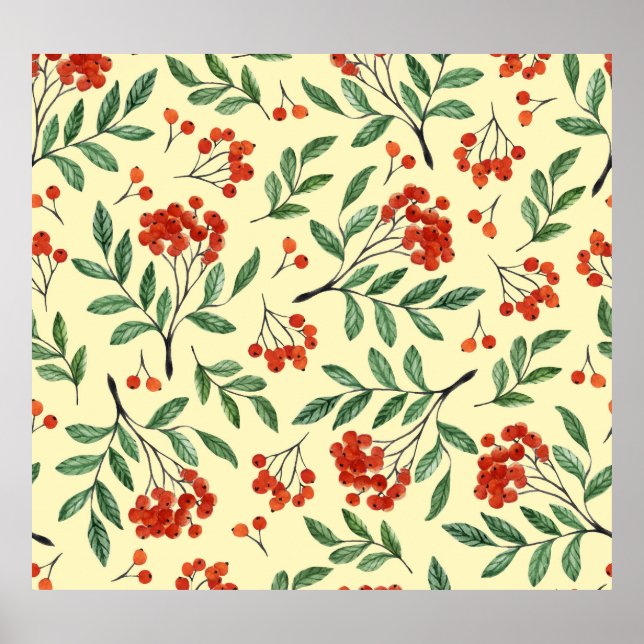 Yellow Rowan Watercolor Seamless Pattern Poster (Front)