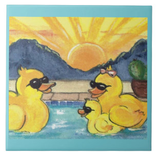 Yellow Rubber Duck Family in Pool Tile Trivet