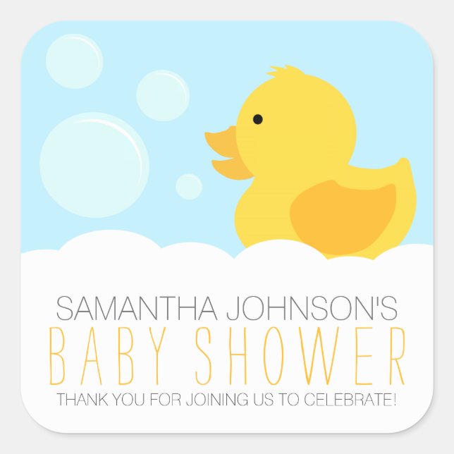 Yellow Rubber Ducky Bubble Bath Baby Shower Square Sticker (Front)