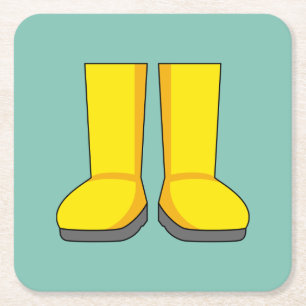 Yellow Rubber Rain Boots Square Paper Coaster