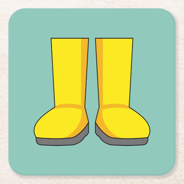 Yellow Rubber Rain Boots Square Paper Coaster (Front)