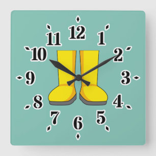 Yellow Rubber Rain Boots Square Wall Clock