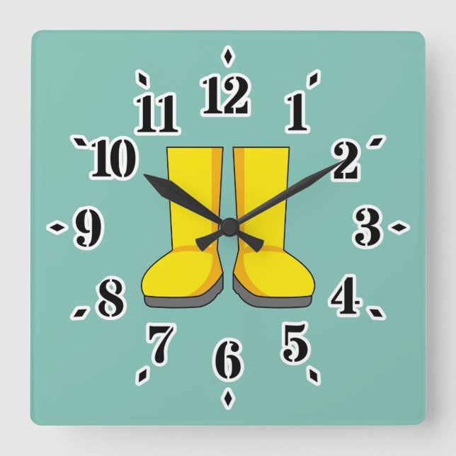 Yellow Rubber Rain Boots Square Wall Clock (Front)