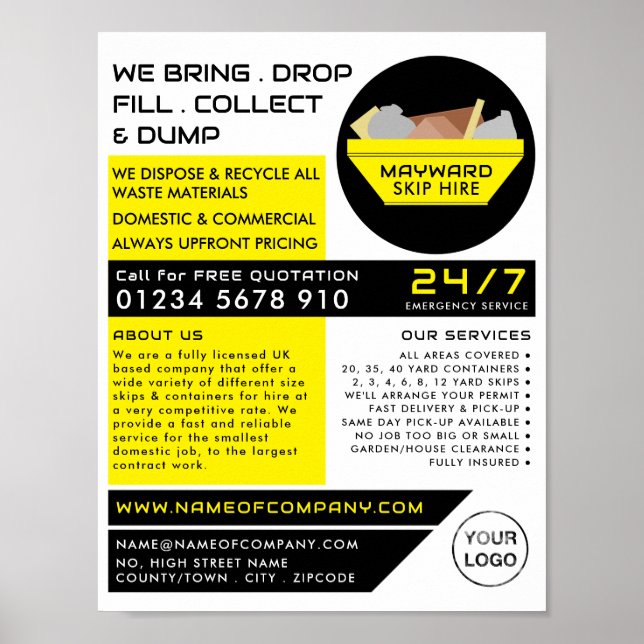 Yellow Rubbish Skip, Skip/Dumpster Company Poster (Front)