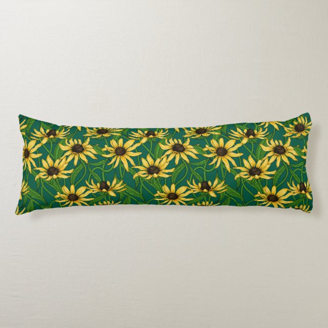 Yellow Rudbekia on dark green Body Cushion (Front)