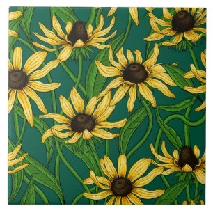 Yellow Rudbekia on dark green Ceramic Tile