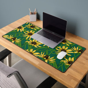 Yellow Rudbekia on dark green Desk Mat