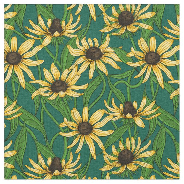 Yellow Rudbekia on dark green Fabric (Close Up)