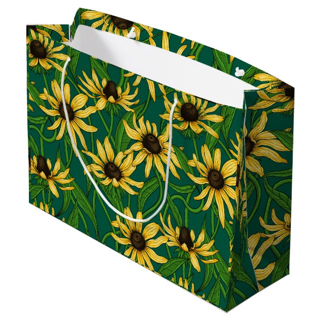 Yellow Rudbekia on dark green Large Gift Bag (Back Angled)