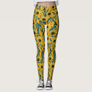 Yellow Rudbekia on dark green Leggings