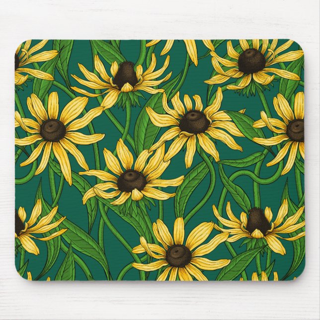 Yellow Rudbekia on dark green Mouse Pad (Front)