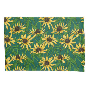 Yellow Rudbekia on dark green Pillowcase