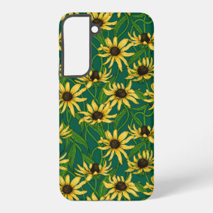 Yellow Rudbekia on dark green Samsung Galaxy Case