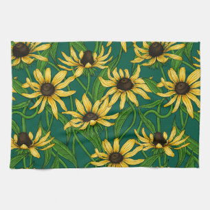 Yellow Rudbekia on dark green Tea Towel