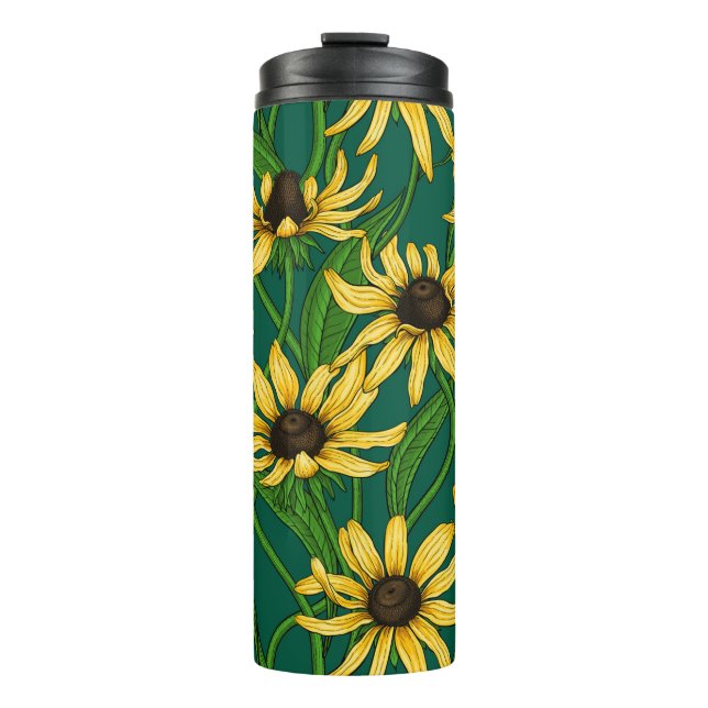 Yellow Rudbekia on dark green Thermal Tumbler (Front)