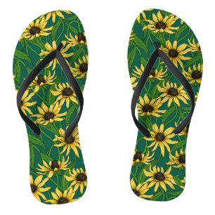 Yellow Rudbekia on dark green Thongs