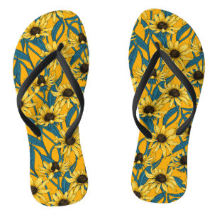 Yellow Rudbekia on dark green Thongs