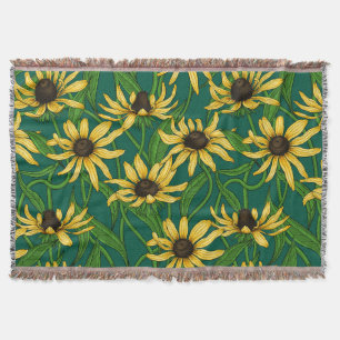 Yellow Rudbekia on dark green Throw Blanket