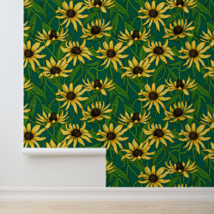 Yellow Rudbekia on dark green Wallpaper