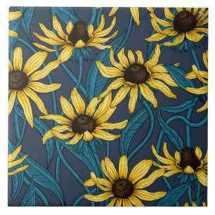 Yellow Rudbekia on navy Ceramic Tile
