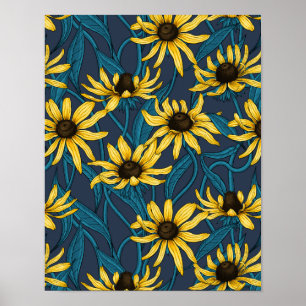 Yellow Rudbekia on navy Poster