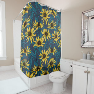 Yellow Rudbekia on navy Shower Curtain