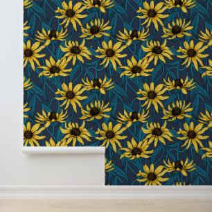 Yellow Rudbekia on navy Wallpaper