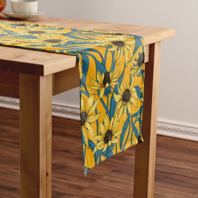 Yellow Rudbekia on yellow Short Table Runner (In Situ)
