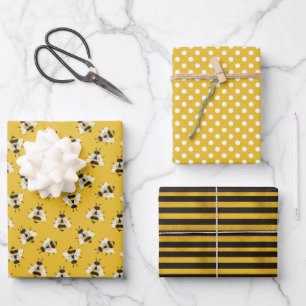 Yellow Rustic Bumble Bee Dots and Stripes Wrapping Paper Sheet