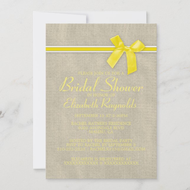 Yellow Rustic Burlap Bridal Shower Invitations (Front)