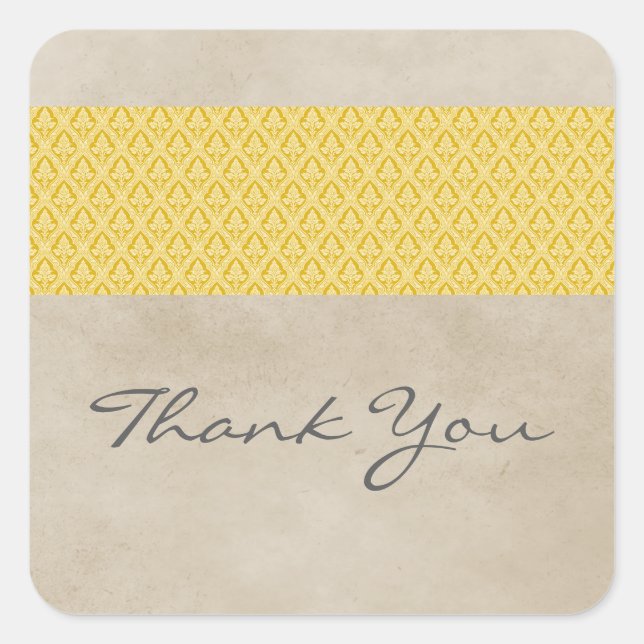 Yellow Rustic Damask Thank You Stickers (Front)