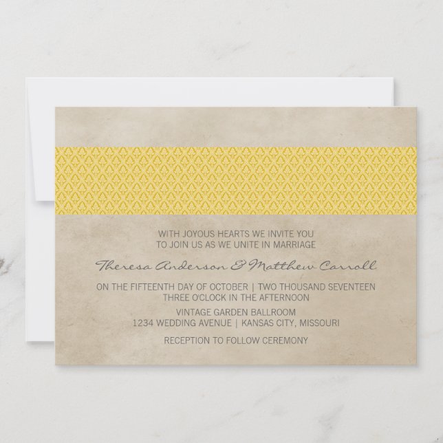 Yellow Rustic Damask Wedding Invite (Front)