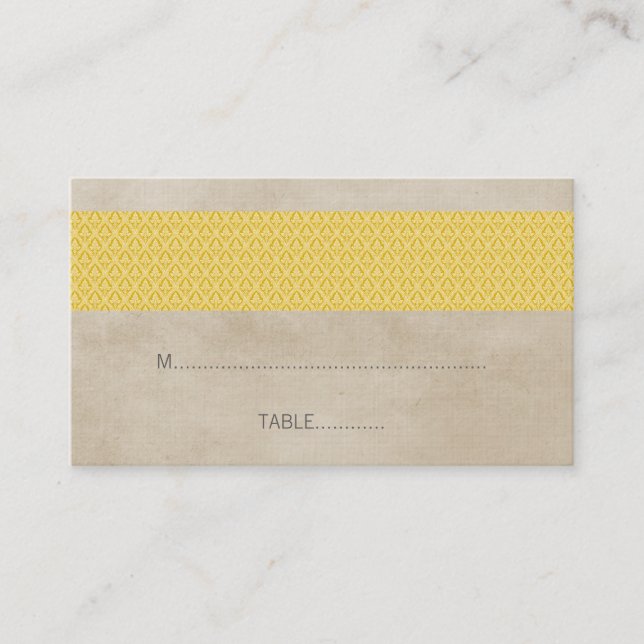 Yellow Rustic Damask Wedding Place Card (Front)