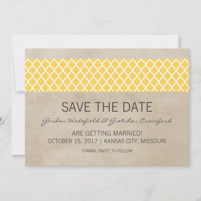Yellow Rustic Quatrefoil Save the Date Invite (Front)