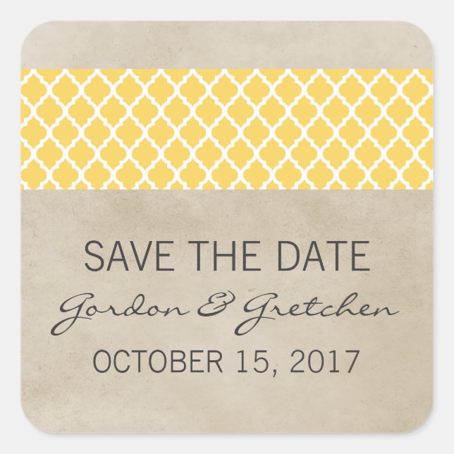 Yellow Rustic Quatrefoil Save the Date Stickers (Front)