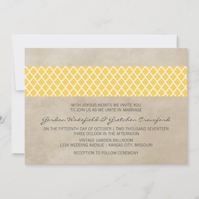 Yellow Rustic Quatrefoil Wedding Invite (Front)