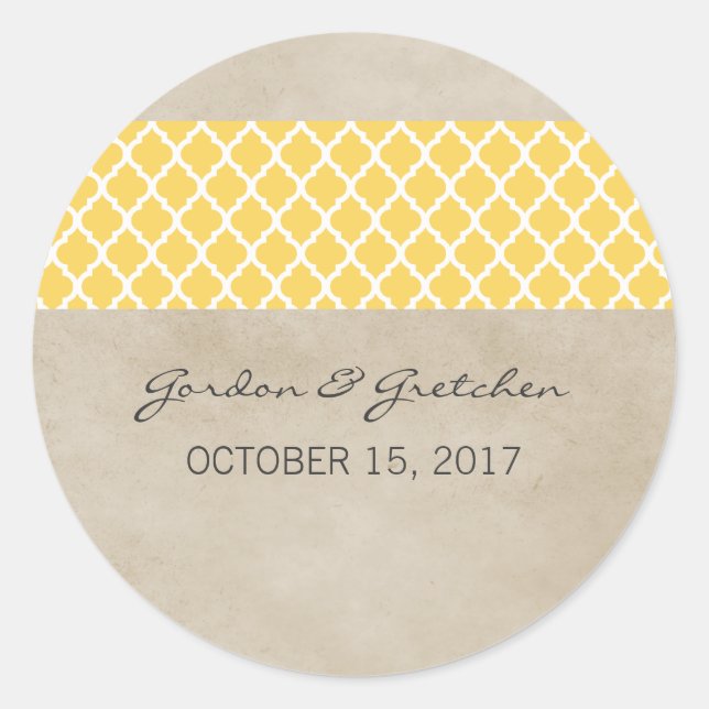 Yellow Rustic Quatrefoil Wedding Stickers (Front)