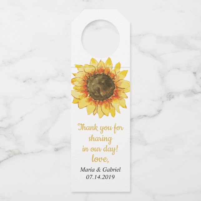Yellow Rustic sunflower. Country  wedding Bottle Tag (Front)