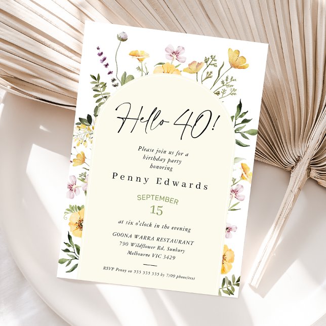 Yellow Rustic Wildflowers Hello 40 40th Birthday Invitation (40th Birthday Invitation, Hello Forty Boho Birthday Invite, Editable Template, Modern Wildflowers)