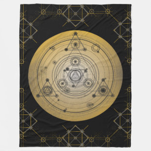 Yellow sacred geometry circle with alchemy pattern fleece blanket